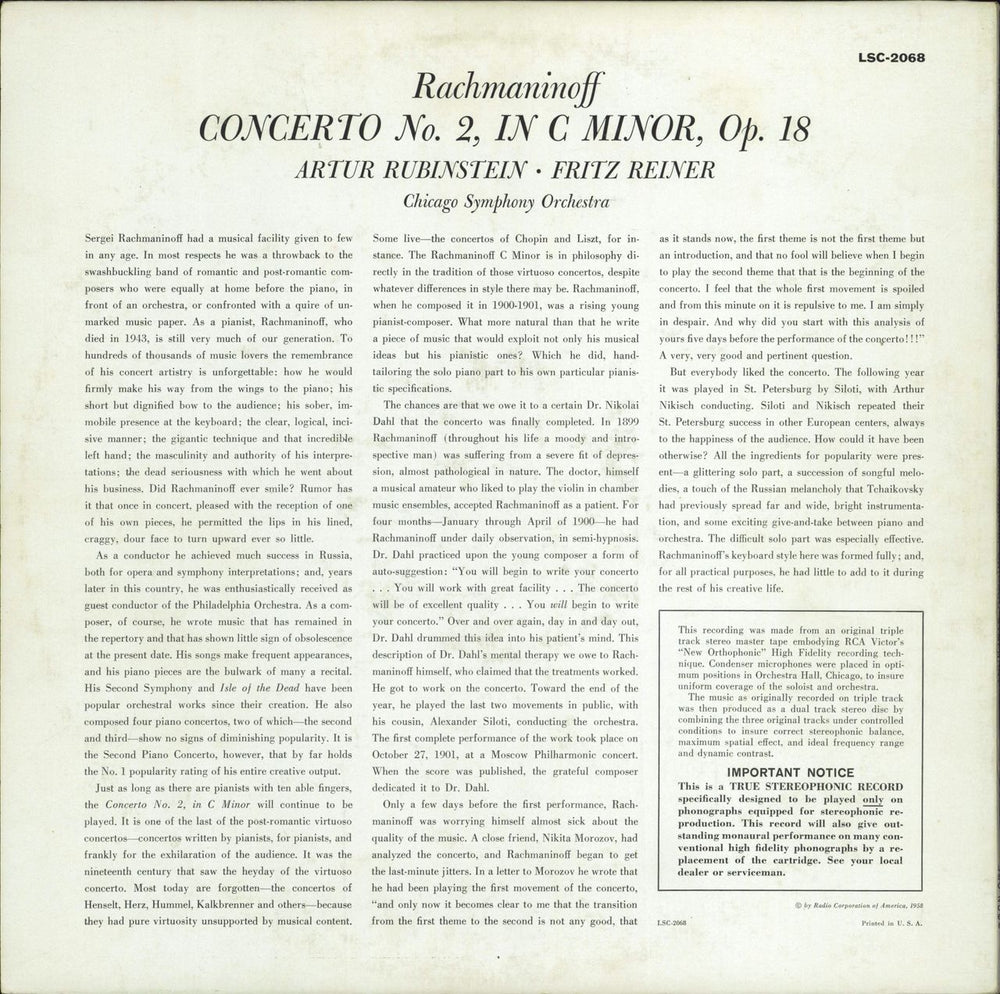 Sergei Rachmaninov Rachmaninov: Concerto No. 2 US vinyl LP album (LP record)