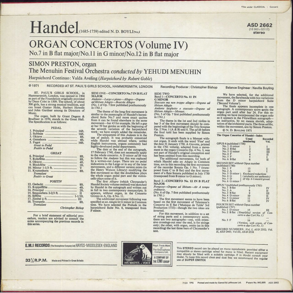 Simon Preston Handel Organ Concertos Vol. 4 - Sample UK vinyl LP album (LP record)