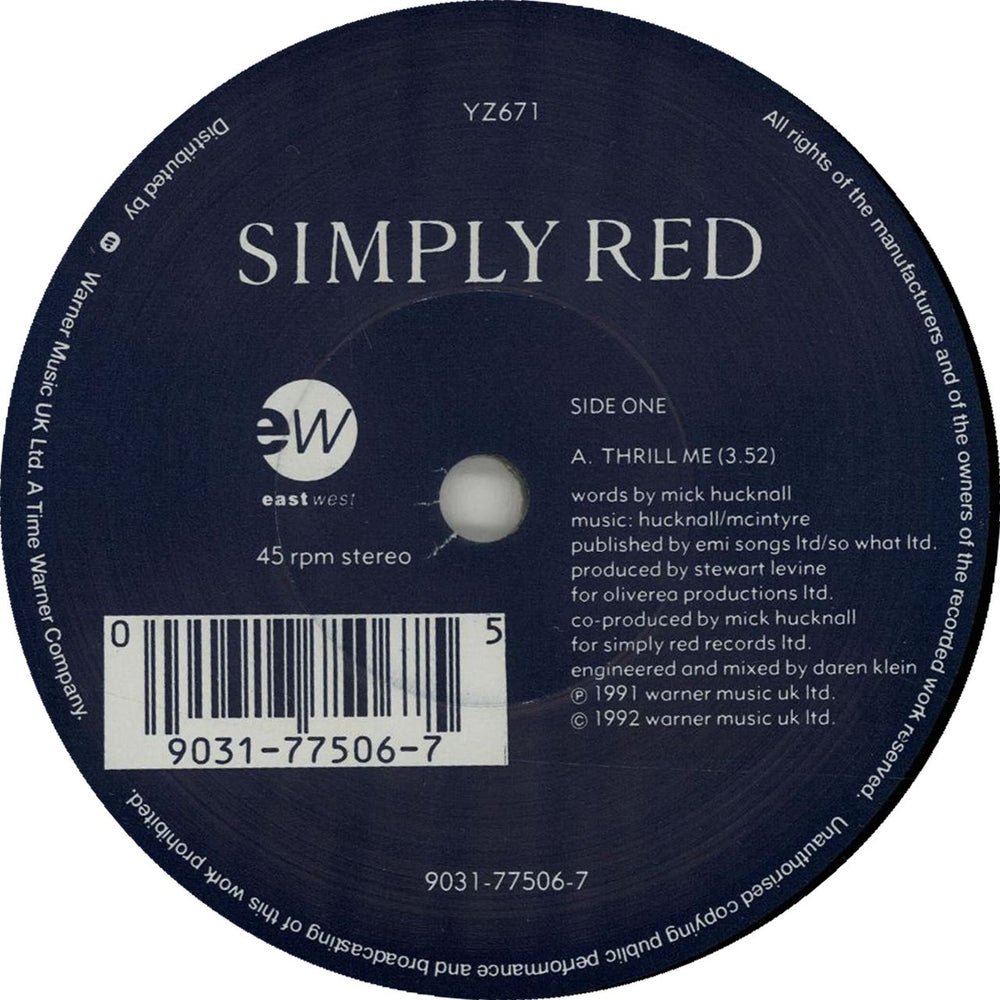 Simply Red Thrill Me UK 7" vinyl single (7 inch record / 45) YZ671