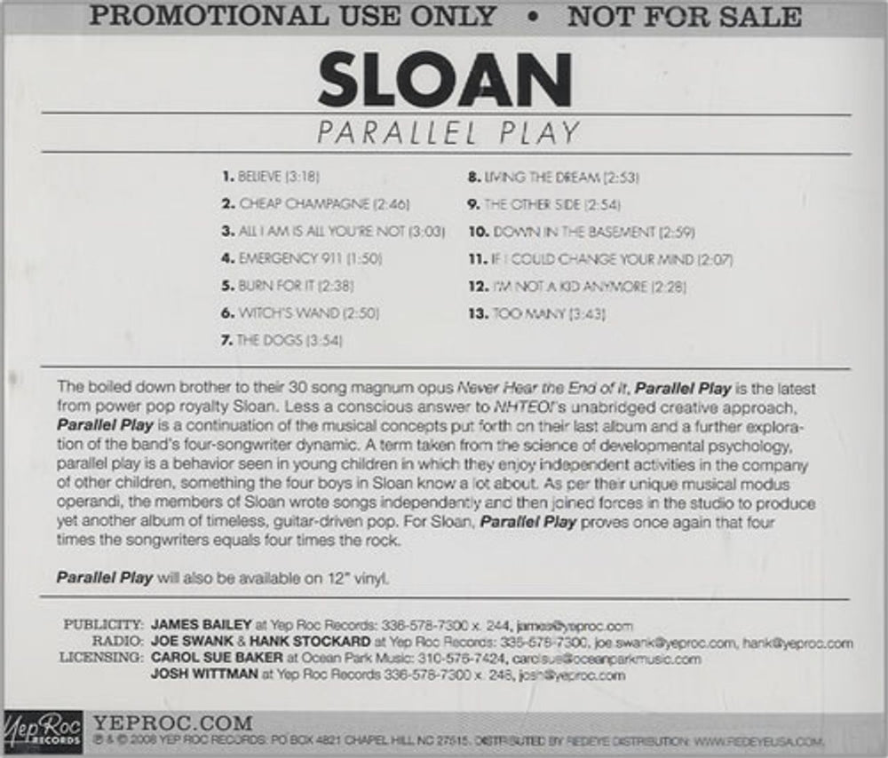 Sloan Parallel Play US Promo CD album (CDLP) YEP-2180