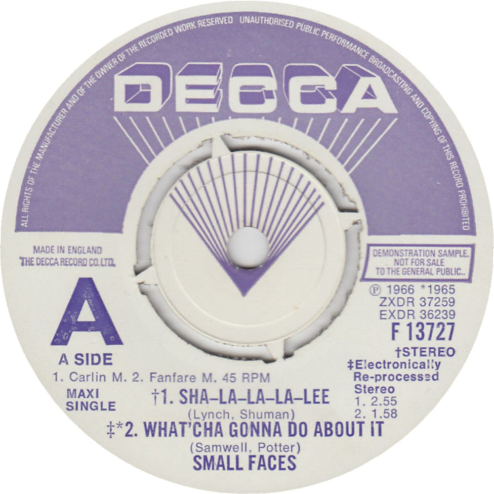 Small Faces Sha-La-La-La-Lee - A Label UK Promo 7" vinyl single (7 inch record / 45) F13727