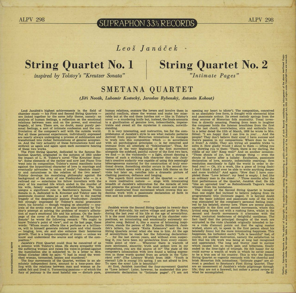 Smetana Quartet Leoš Janácek: String Quartet No. 1 & String Quartet No. 2 Czech vinyl LP album (LP record)