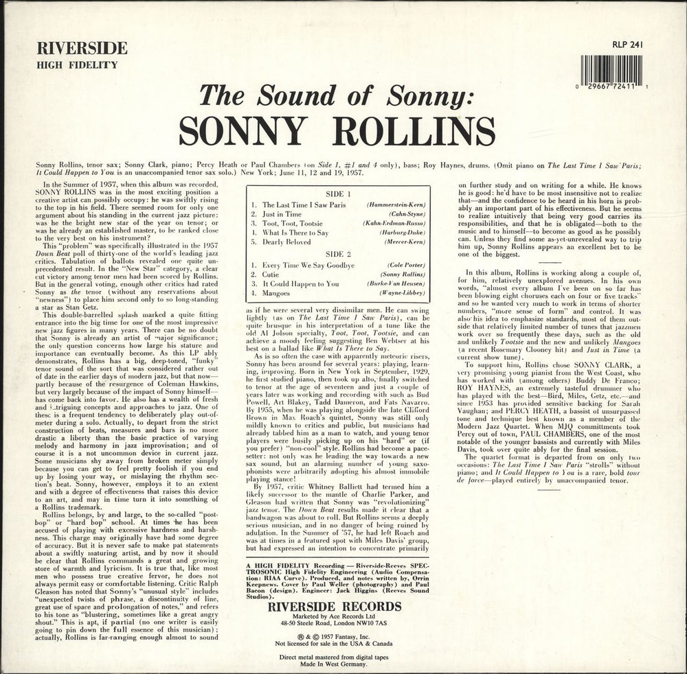 Sonny Rollins The Sound Of Sonny German vinyl LP album (LP record)