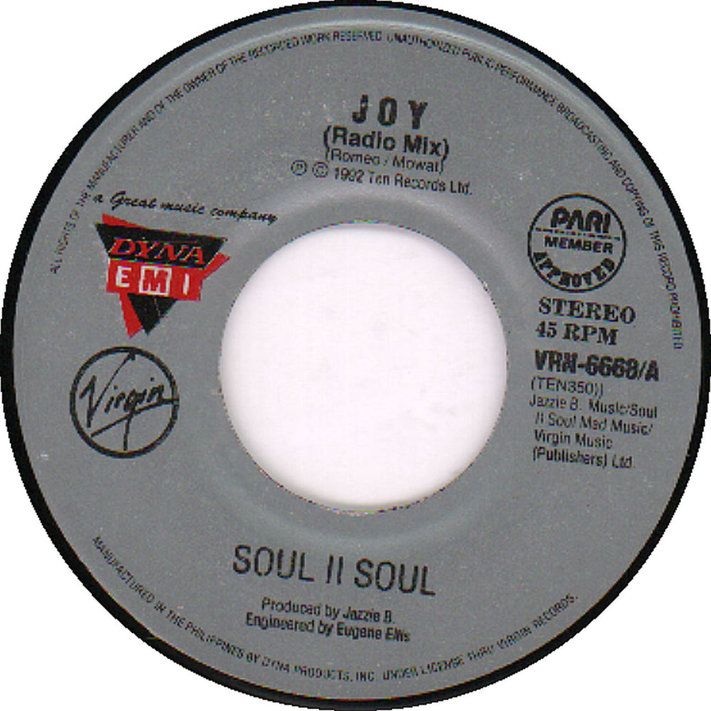 Soul II Soul Joy Philippino 7" vinyl single (7 inch record / 45) VRN-6668