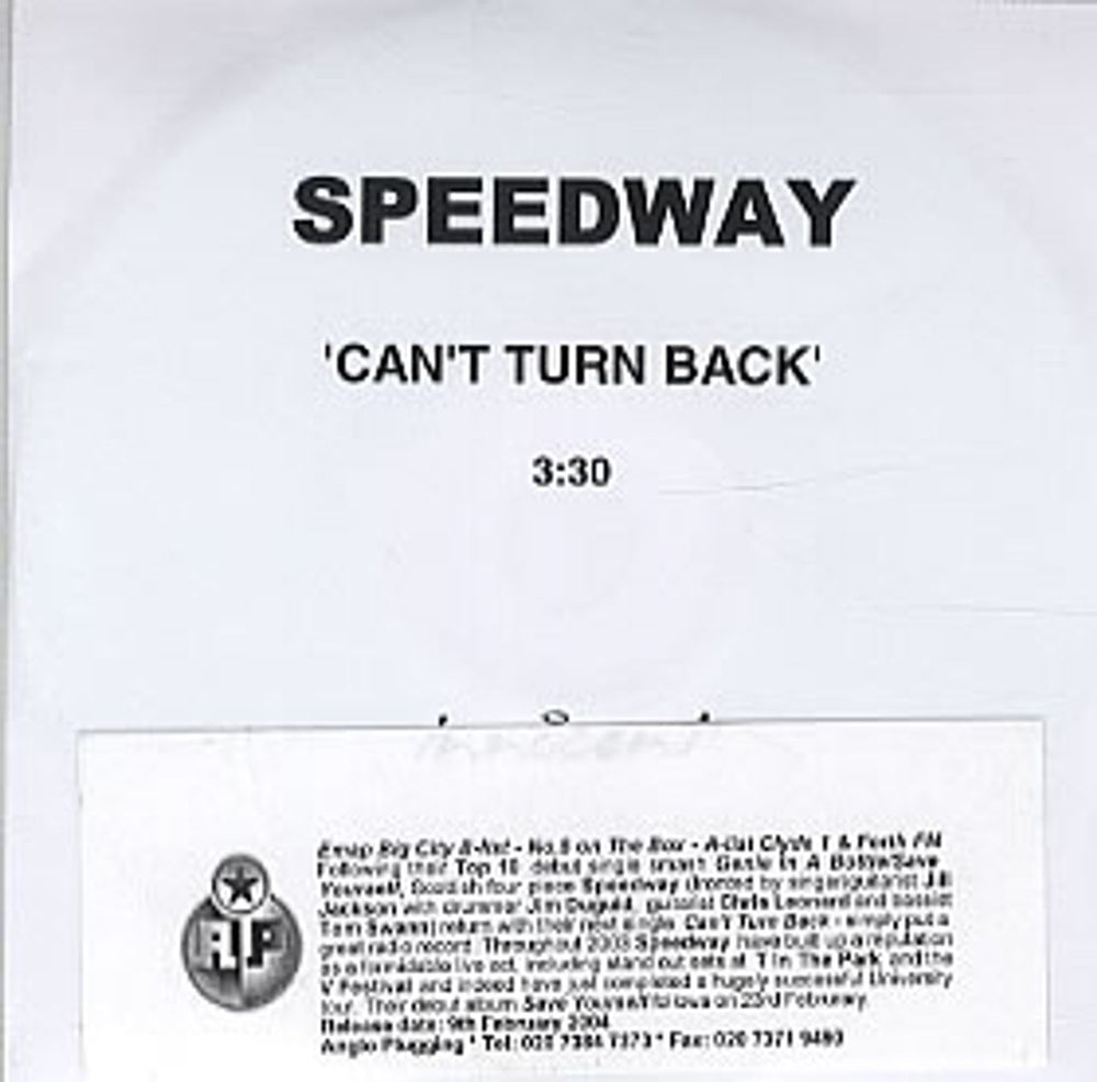 Speedway [2000s] Can't Turn Back UK Promo CD-R acetate CDR ACETATE