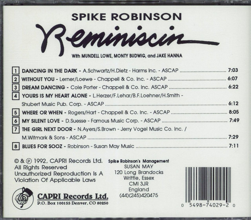 Spike Robinson Reminiscin US CD album (CDLP) 054987402920