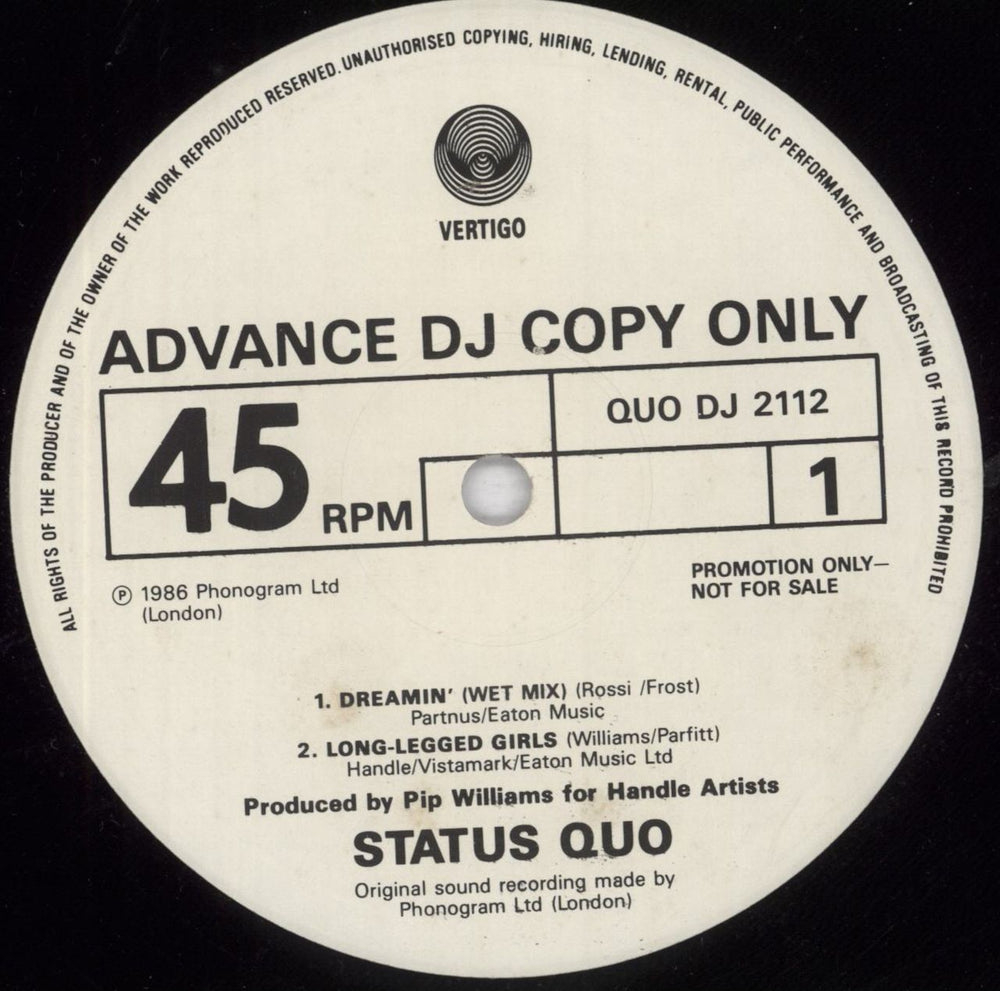 Status Quo Dreamin' UK Promo 12" vinyl single (12 inch record / Maxi-single) QUODJ2112