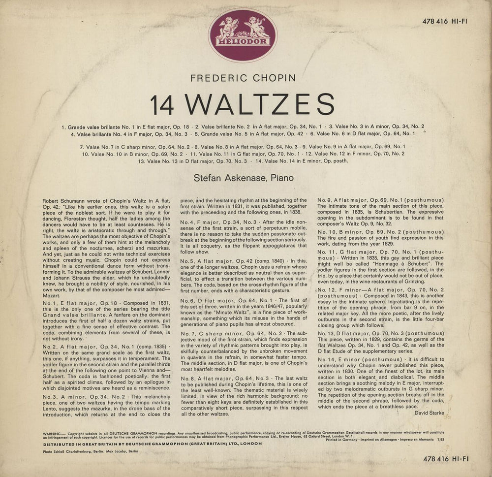 Stefan Askenase Frédéric Chopin 14 Waltzes UK vinyl LP album (LP record)