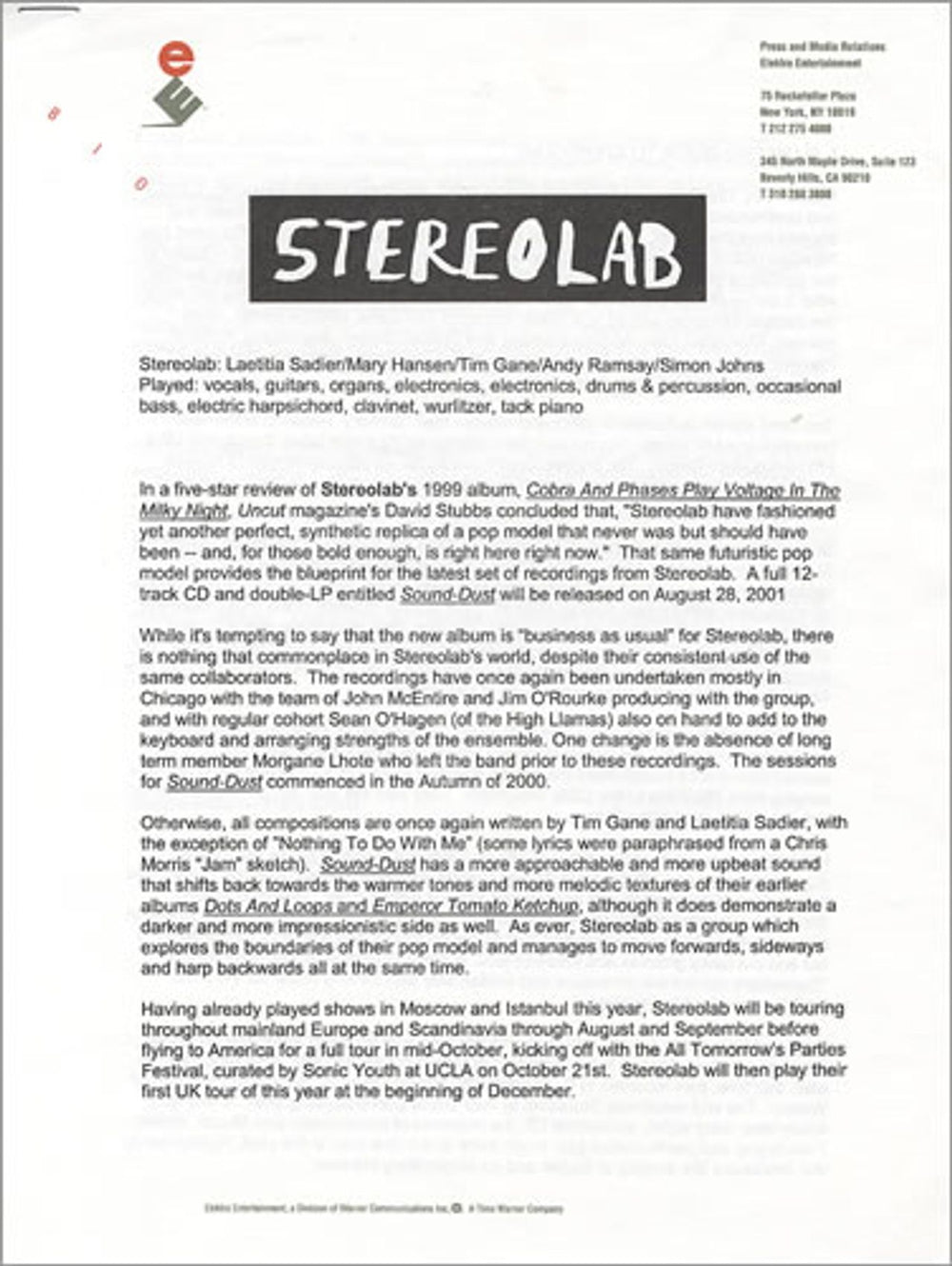 Stereolab Cobra And Phases Group Play Voltage In The Milky Sky US Promo media press pack STBPPCO158642