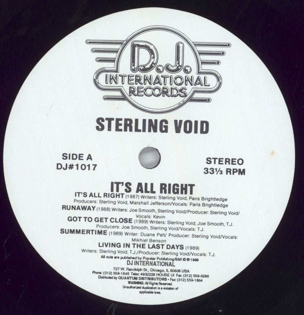 Sterling Void It's All Right US Promo vinyl LP album (LP record)