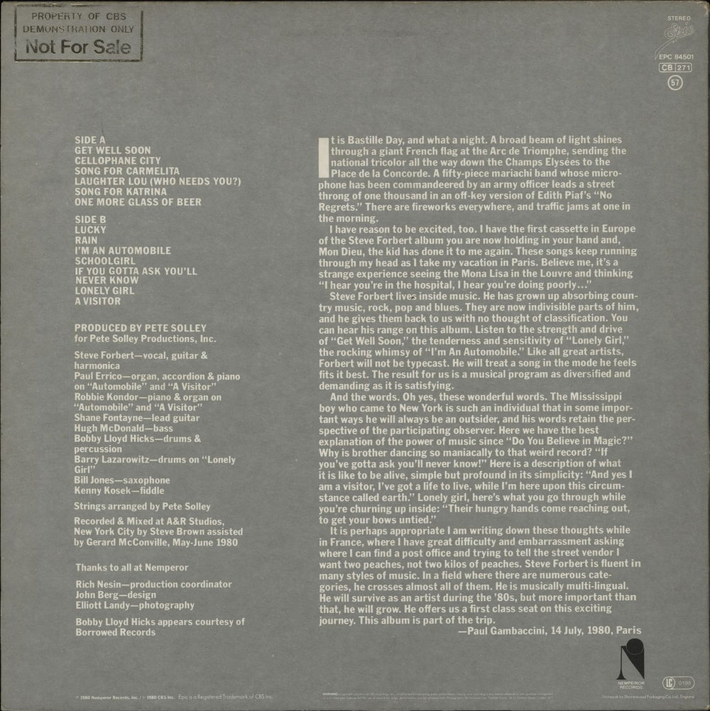 Steve Forbert Little Stevie Orbit - gold promo stamp UK vinyl LP album (LP record)