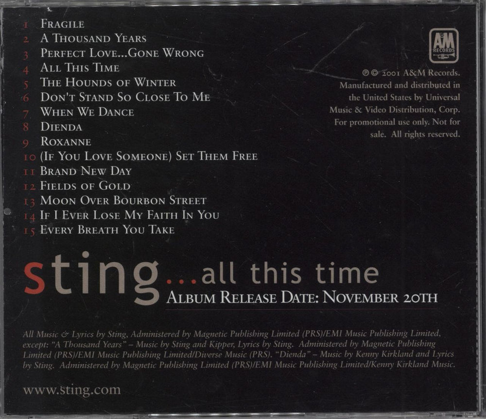 Sting All This Time US Promo CD album (CDLP) STICDAL200948