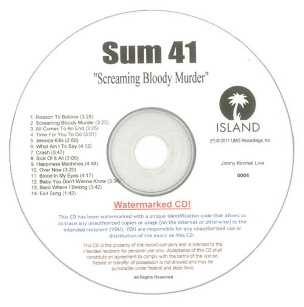 Sum 41 Screaming Bloody Murder US Promo CD-R acetate CD-R ACETATE