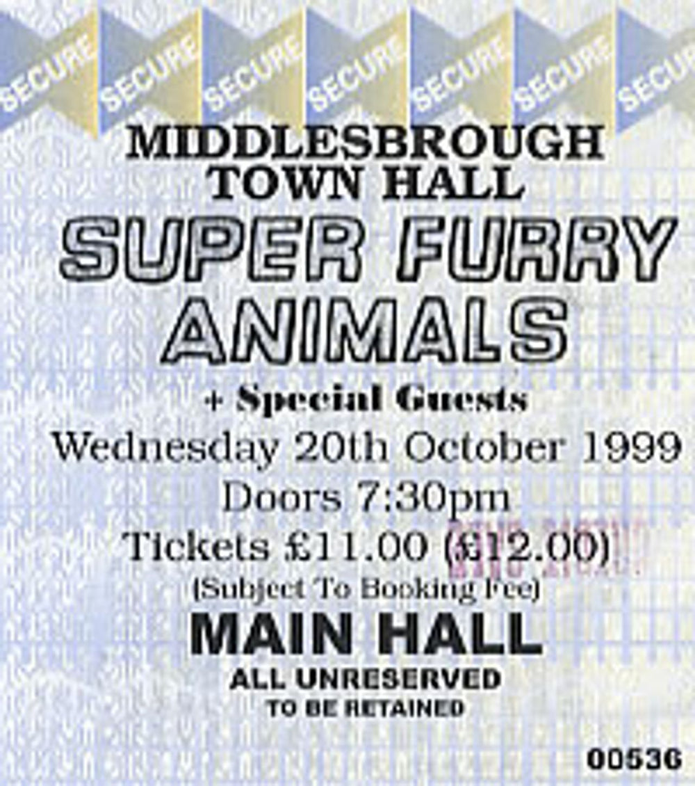 Super Furry Animals Middlesborough Town Hall UK concert ticket CONCERT TICKET