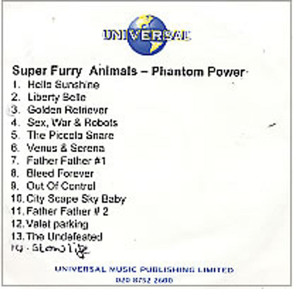 Super Furry Animals Phantom Power UK Promo CD-R acetate CD-R ACETATE