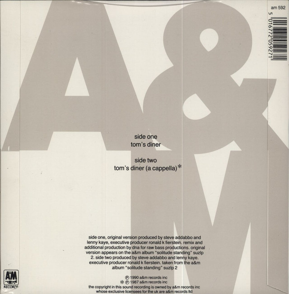 Suzanne Vega Tom's Diner - Wide Centre UK 7" vinyl single (7 inch record / 45) 5016772059271