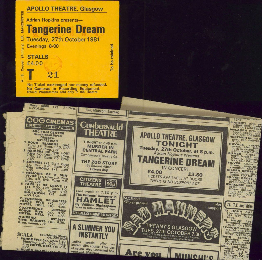 Tangerine Dream UK 81 + Ticket Stub UK tour programme TANTRUK783237