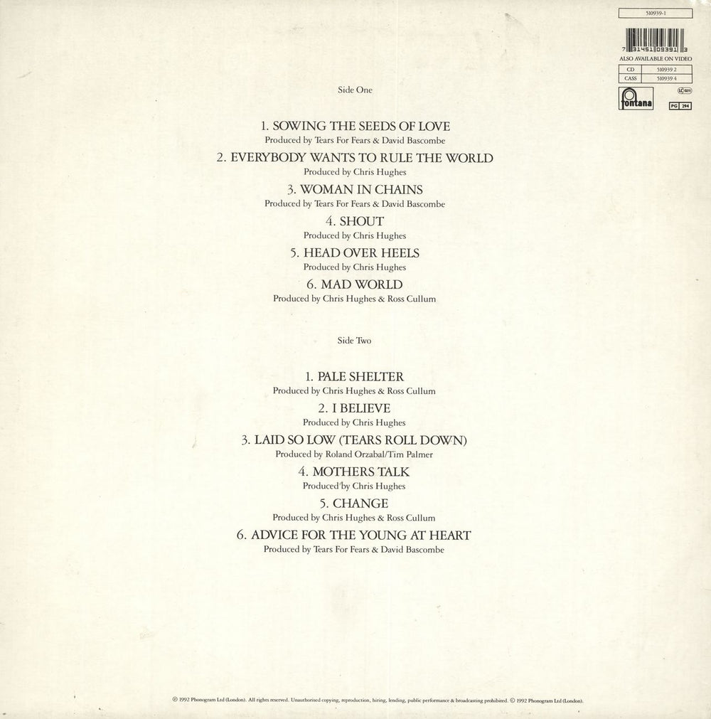 Tears For Fears Tears Roll Down (Greatest Hits 82-92) - EX UK vinyl LP album (LP record) 731451093913