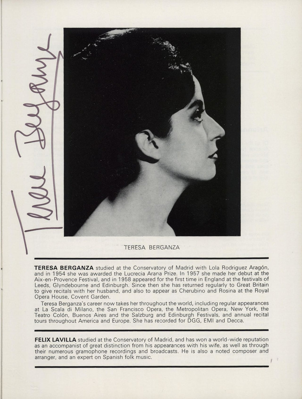 Tereza Berganza Song Recital - Autographed UK tour programme