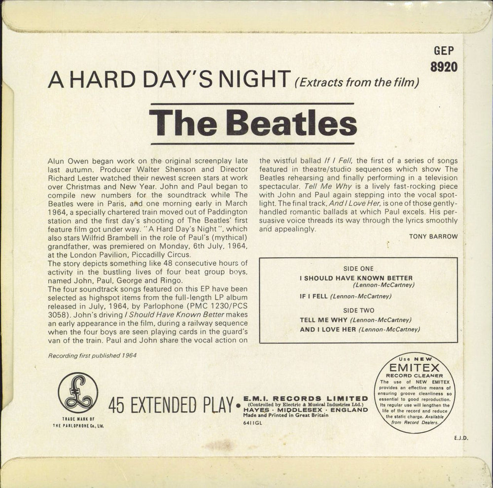 The Beatles A Hard Day's Night No. 1 EP - 1st [EJD] - EX UK 7" vinyl single (7 inch record / 45)