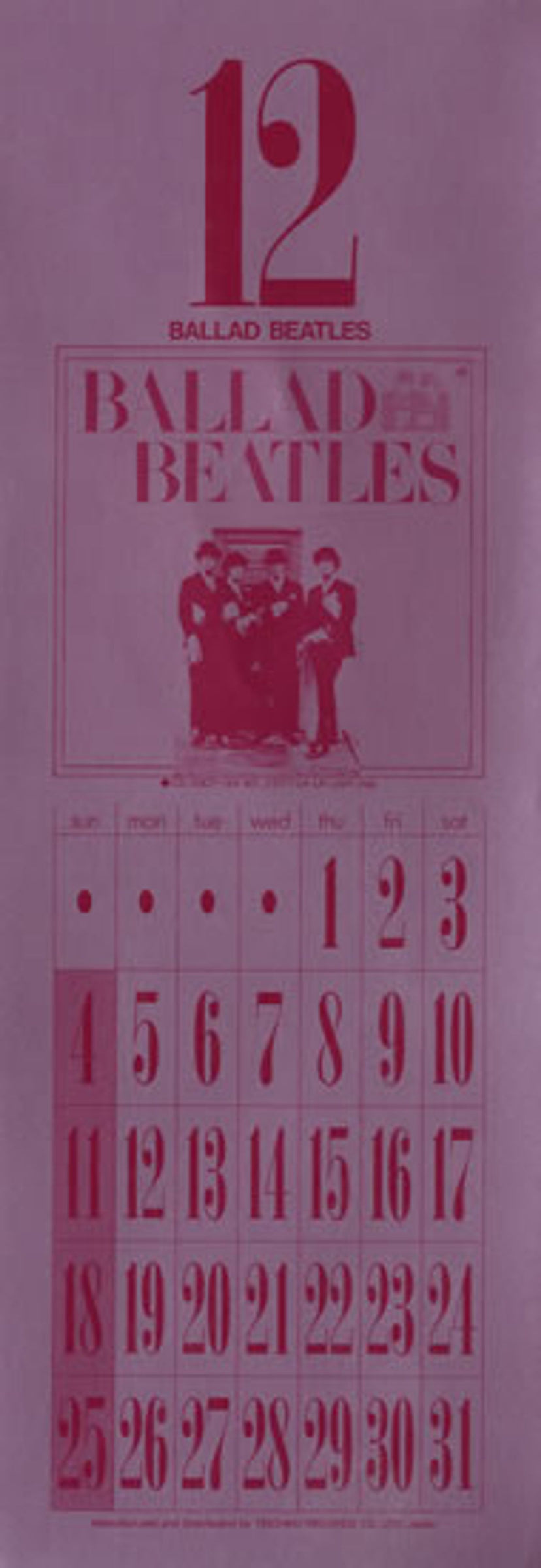 The Beatles Calendar Japanese Promo calendar PROMO CALENDAR