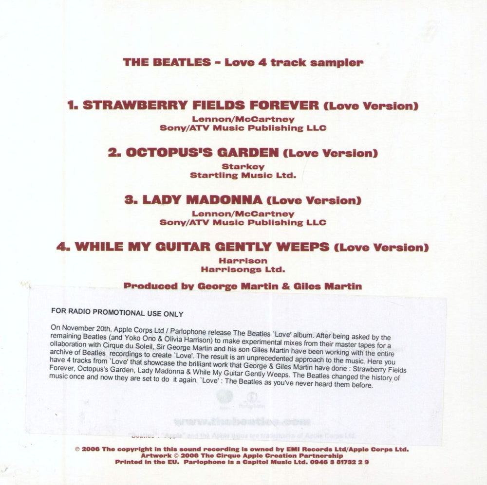 The Beatles Love Sampler UK Promo CD single (CD5 / 5")