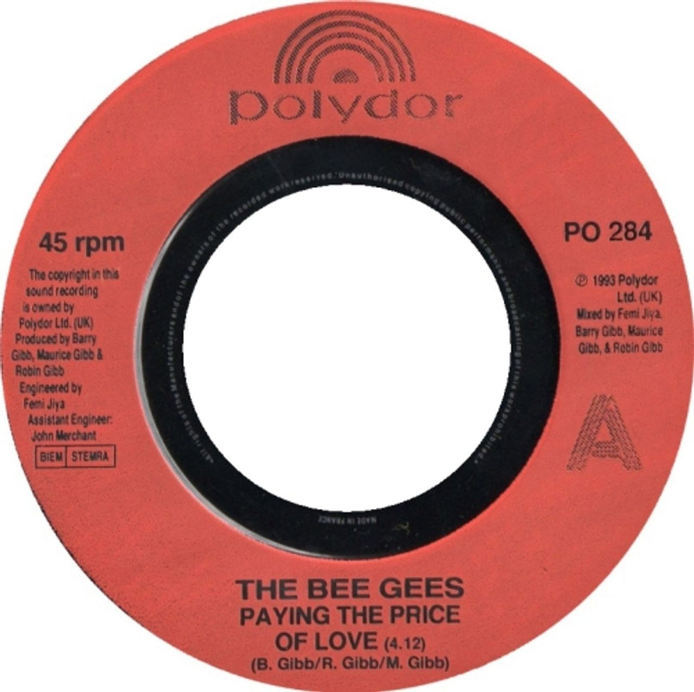 The Bee Gees Paying The Price Of Love - Jukebox UK 7" vinyl single (7 inch record / 45) PO284