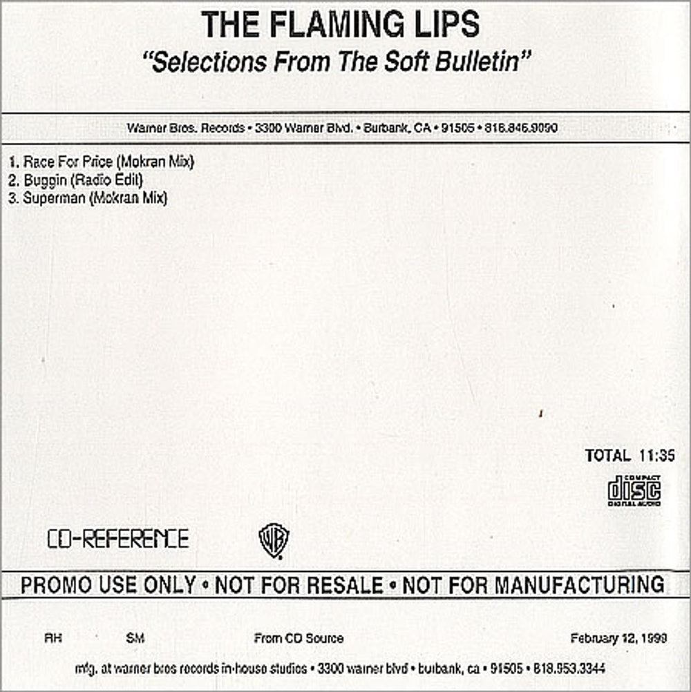 The Flaming Lips Selections From The Soft Bulletin US Promo CD-R acetate CDR ACETATE