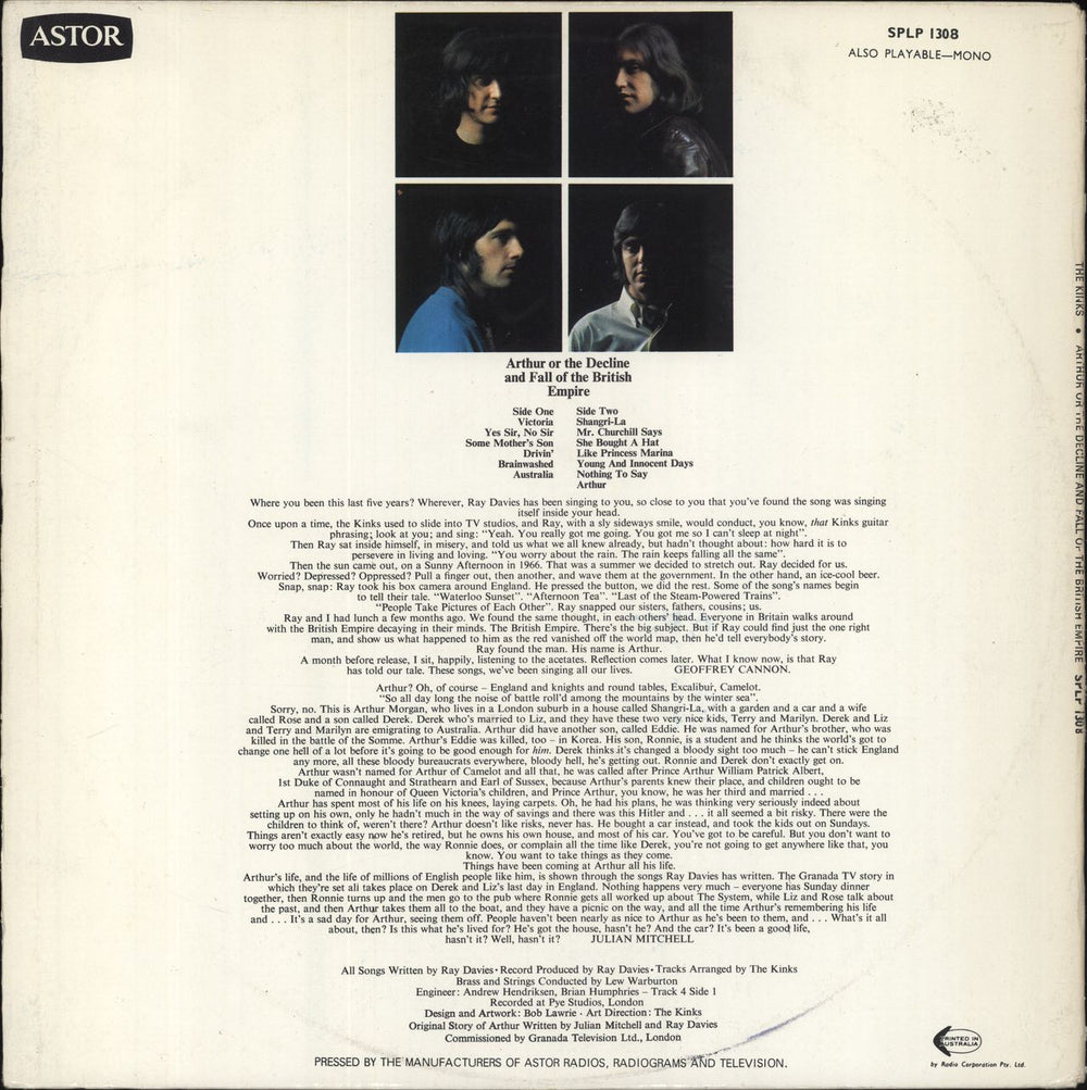 The Kinks Arthur Or The Decline And Fall Of The British Empire Australian vinyl LP album (LP record)