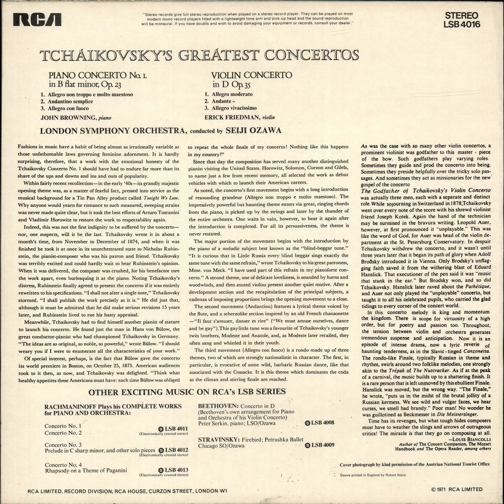 The London Symphony Orchestra Tchaikovsky's Greatest Concertos UK vinyl LP album (LP record)