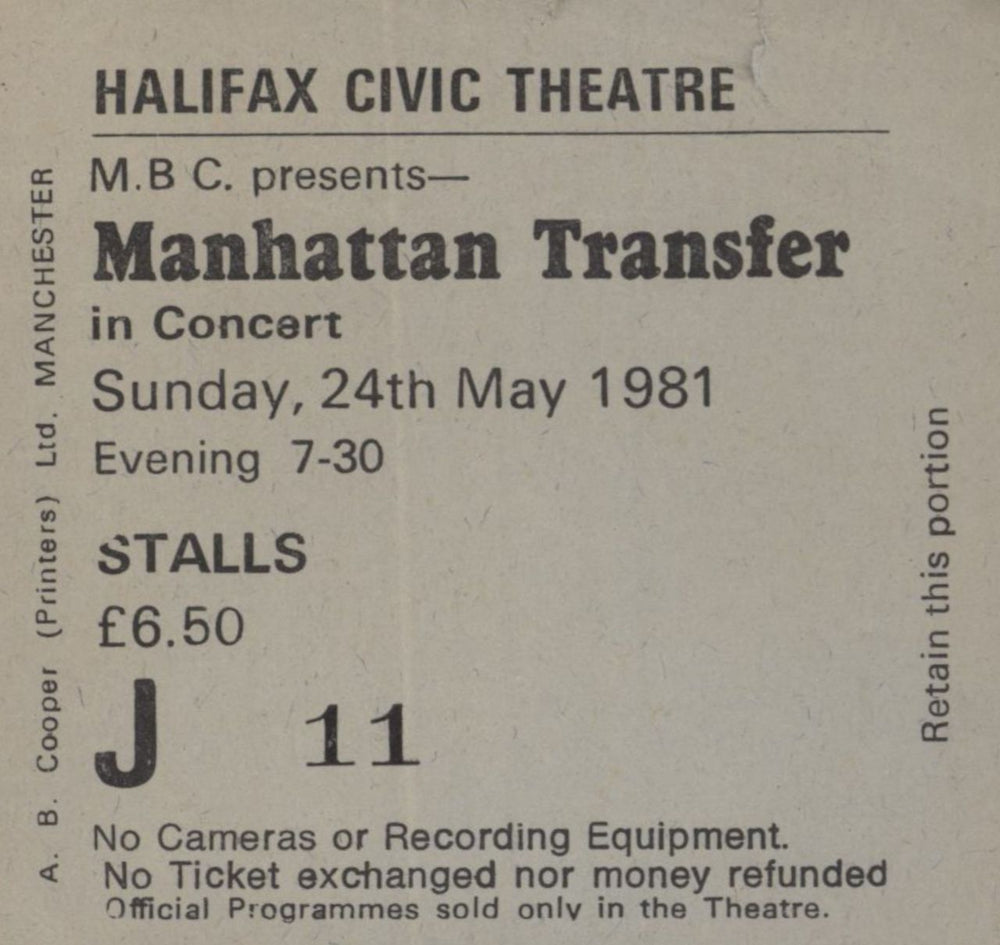 The Manhattan Transfer World Tour + ticket stub UK tour programme