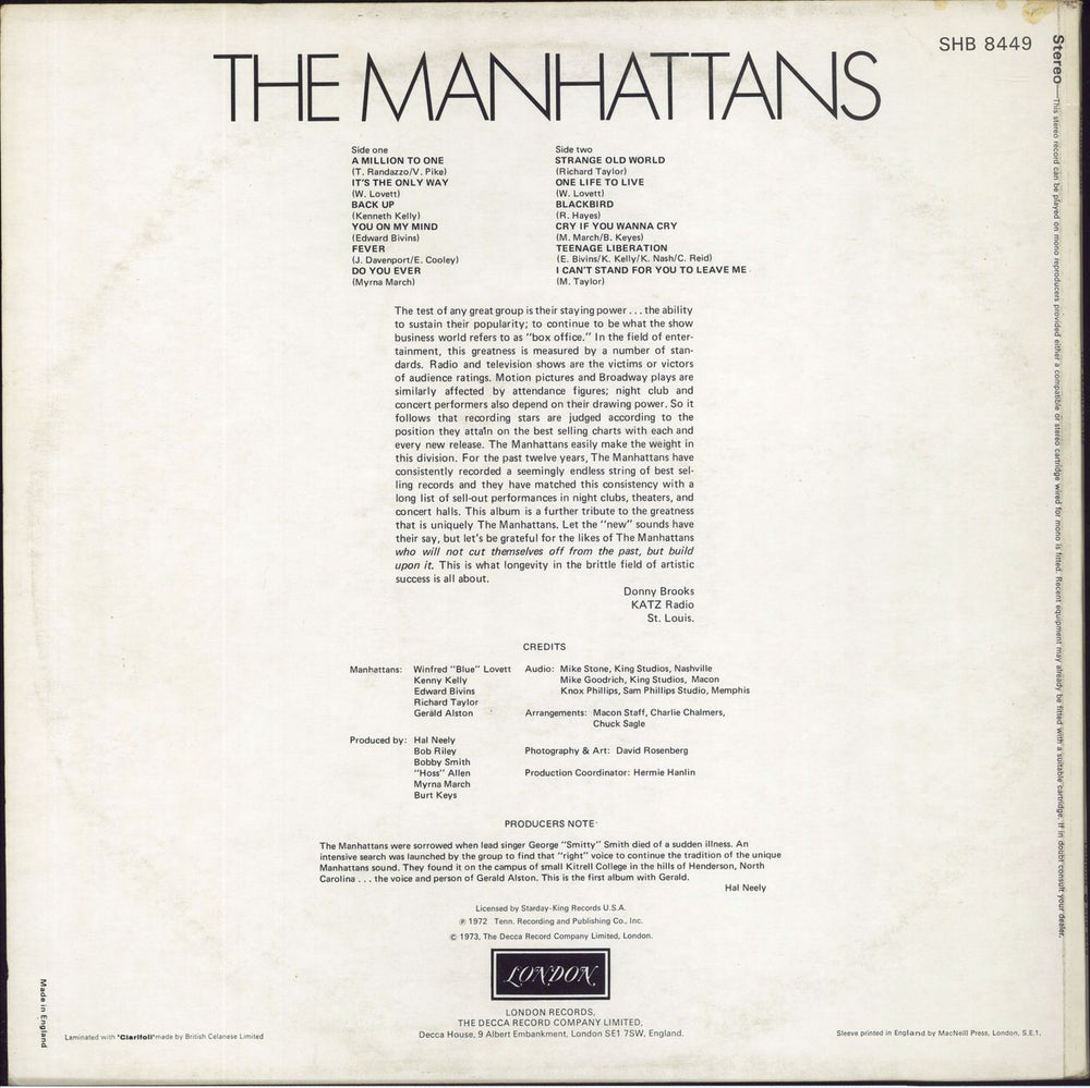 The Manhattans A Million To One UK vinyl LP album (LP record)