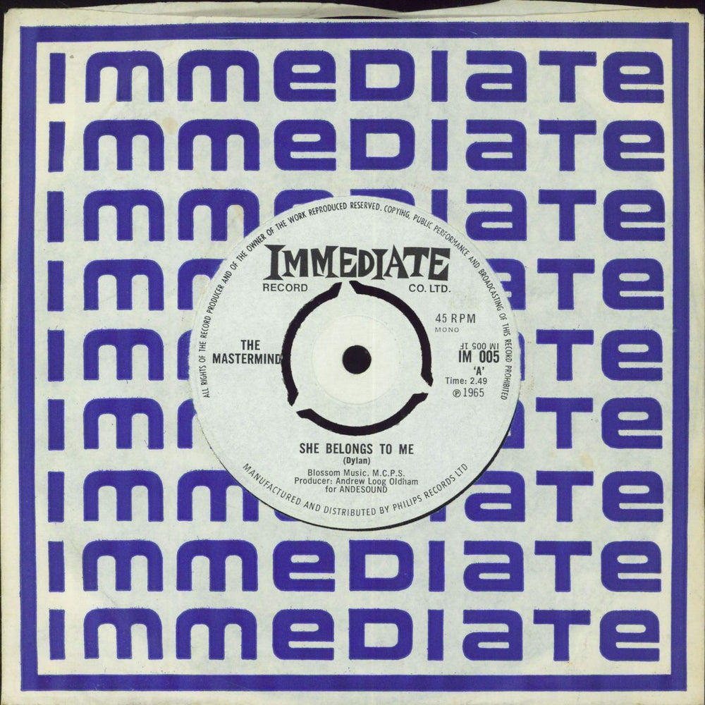 The Masterminds  She Belongs To Me UK 7" vinyl single (7 inch record / 45) IM005