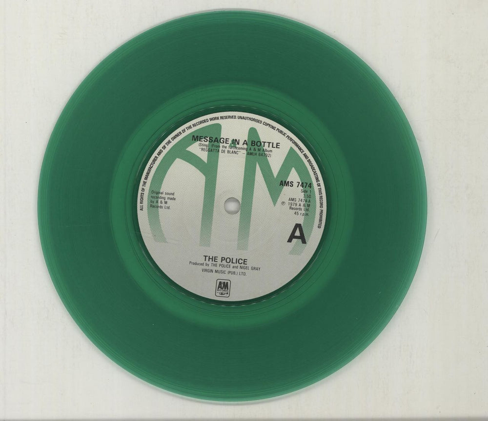 The Police Message In A Bottle - Green Vinyl + P/S UK 7" vinyl single (7 inch record / 45) POL07ME09683