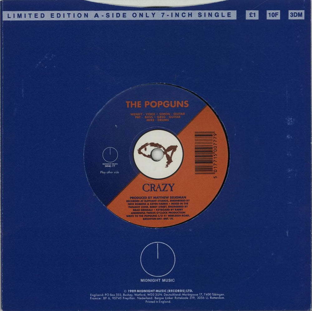 The Popguns Crazy UK 7" vinyl single (7 inch record / 45) PGU07CR650621