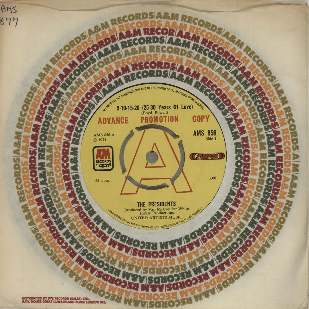 The Presidents 5-10-15-20 (25-30 Years Of Love) UK Promo 7" vinyl single (7 inch record / 45) AMS856