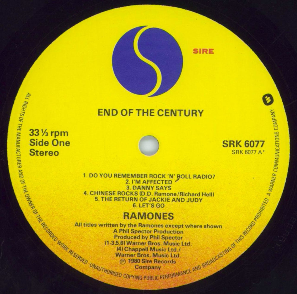 The Ramones End Of The Century - 2 Song Stickered UK vinyl LP album (LP record) RAMLPEN813079