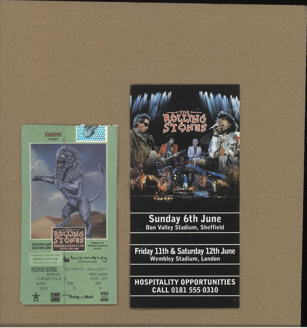 The Rolling Stones Bridges To Babylon Tour Ticket Stubs and Hospitality Flyer UK concert ticket TICKET STUBS