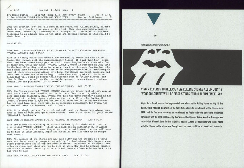 The Rolling Stones Voodoo Lounge Correspondence UK media press pack CORRESPONDENCE