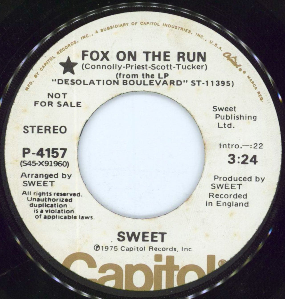 The Sweet Fox On The Run US Promo 7" vinyl single (7 inch record / 45) P-4157