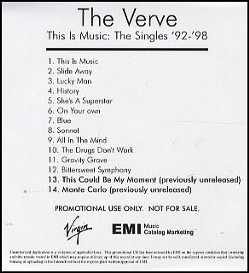 The Verve This Is Music: The Singles '92-'98 US Promo CD-R acetate CDR ACETATE