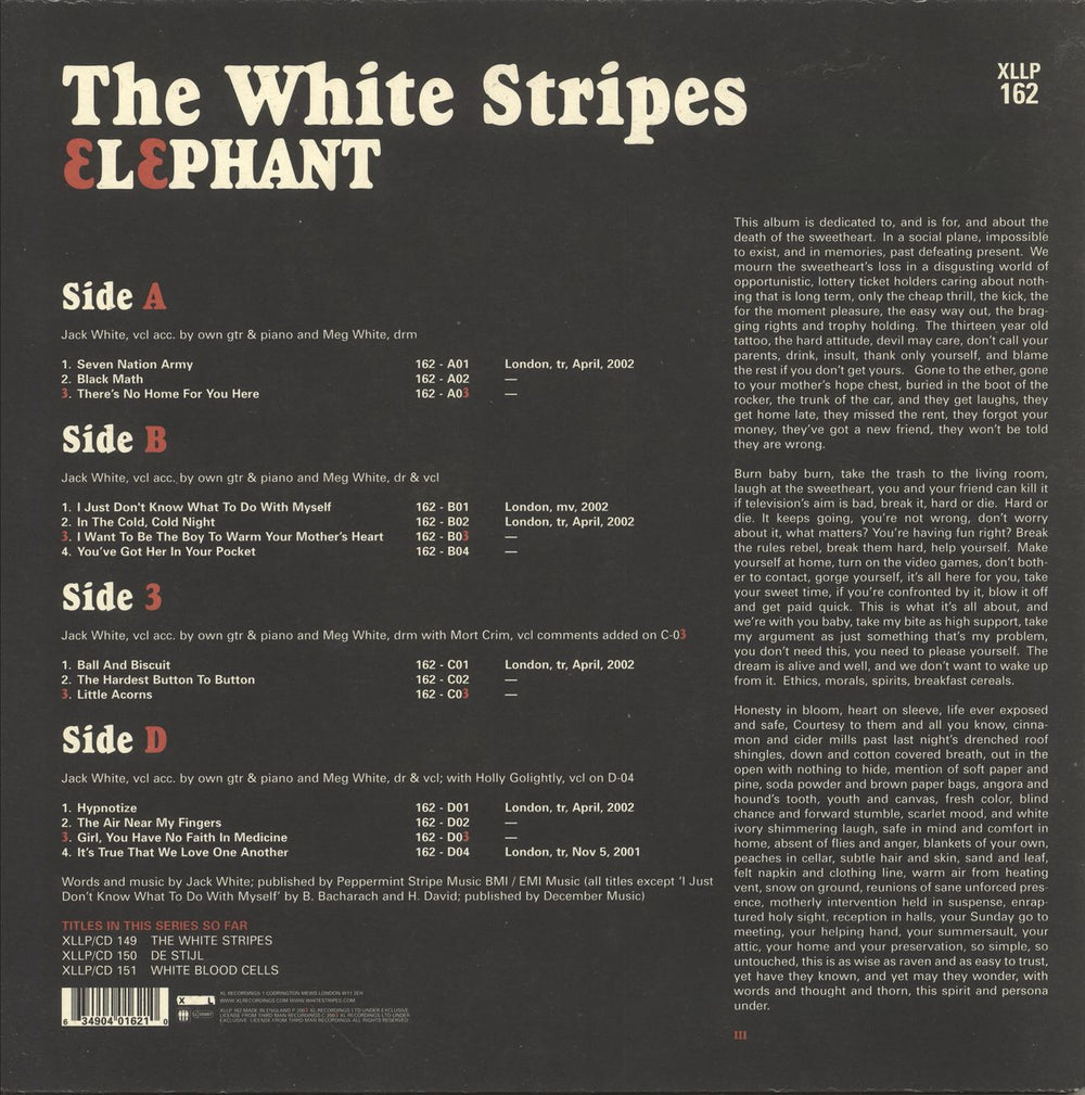 The White Stripes Elephant - 1st UK 2-LP vinyl record set (Double LP Album) 634904016210