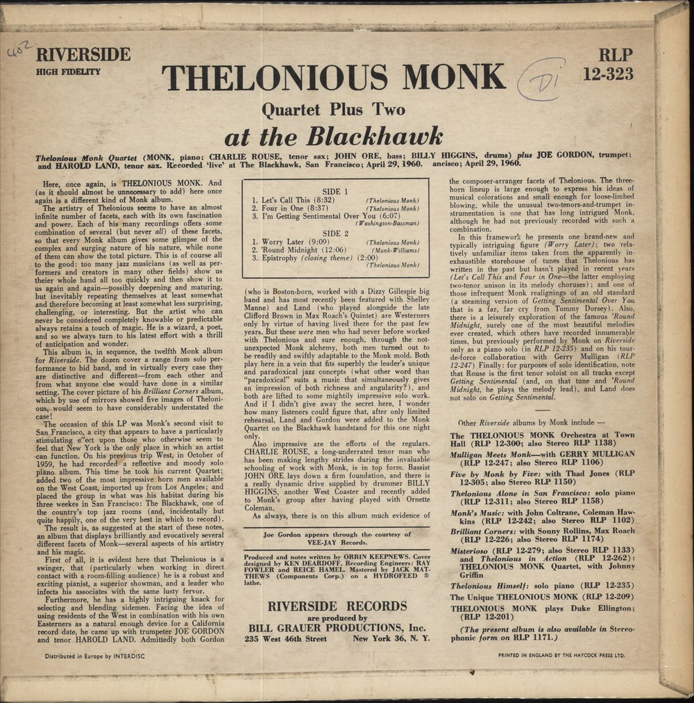 Thelonious Monk At The Blackhawk UK vinyl LP album (LP record)