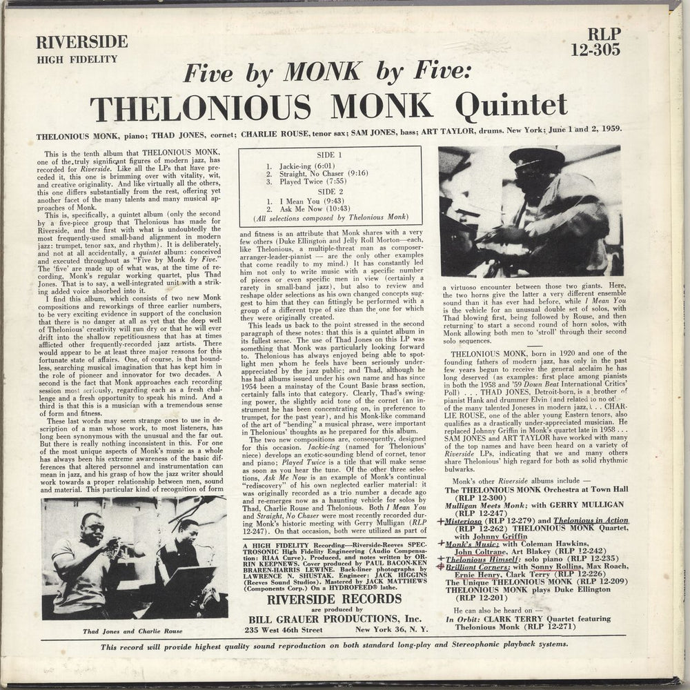 Thelonious Monk Five By Monk By Five US vinyl LP album (LP record)