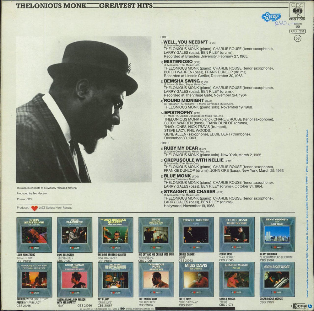 Thelonious Monk Greatest Hits Yugoslavian vinyl LP album (LP record)