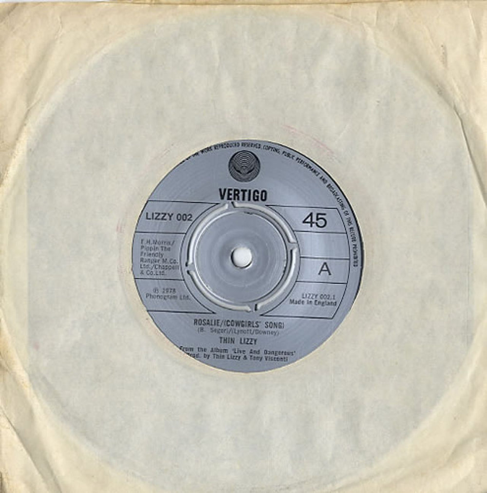 Thin Lizzy Rosalie / (Cowgirls' Song) - 4pr UK 7" vinyl single (7 inch record / 45) LIZZY002