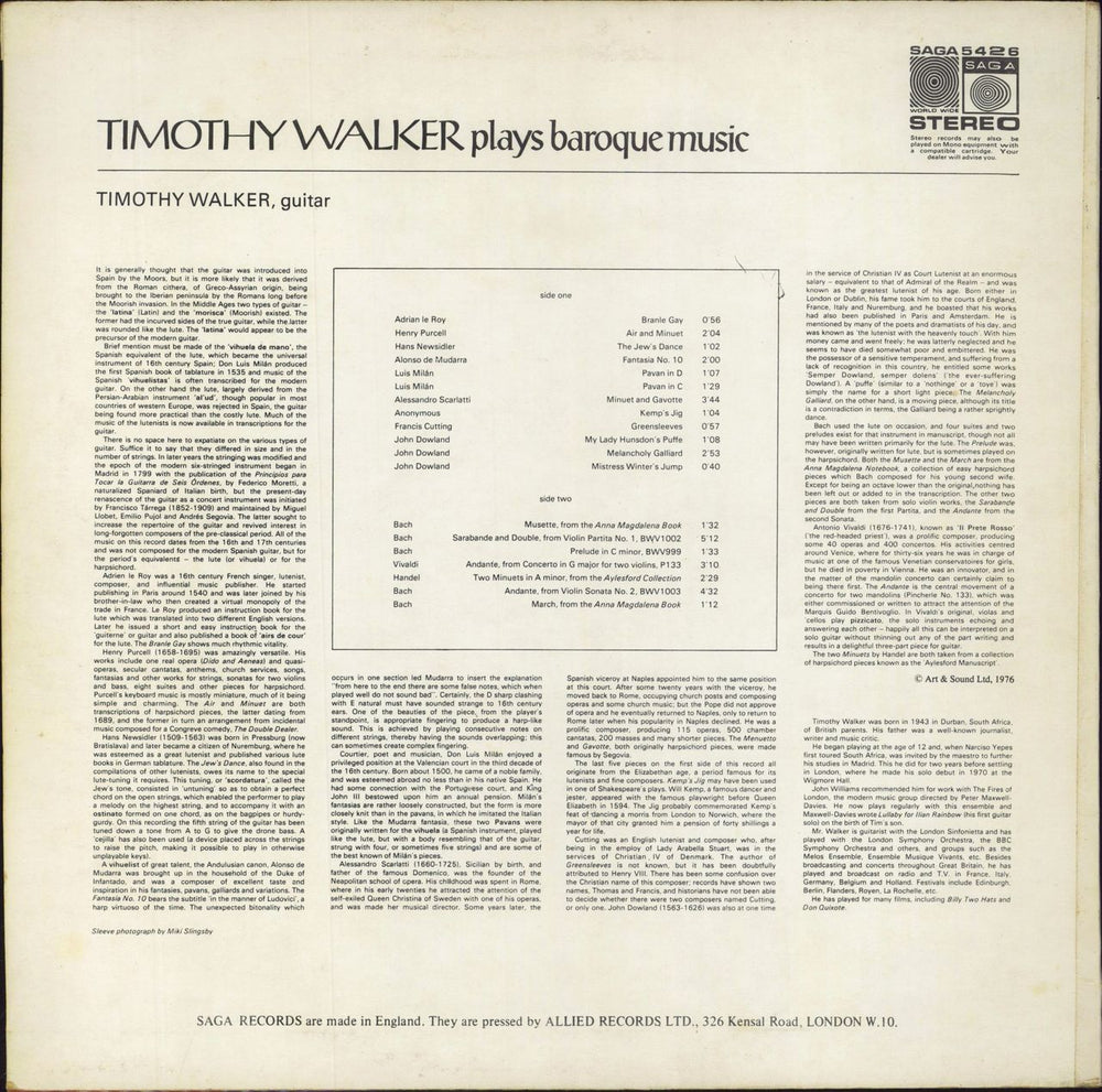 Timothy Walker Timothy Walker Plays Baroque Music UK vinyl LP album (LP record)