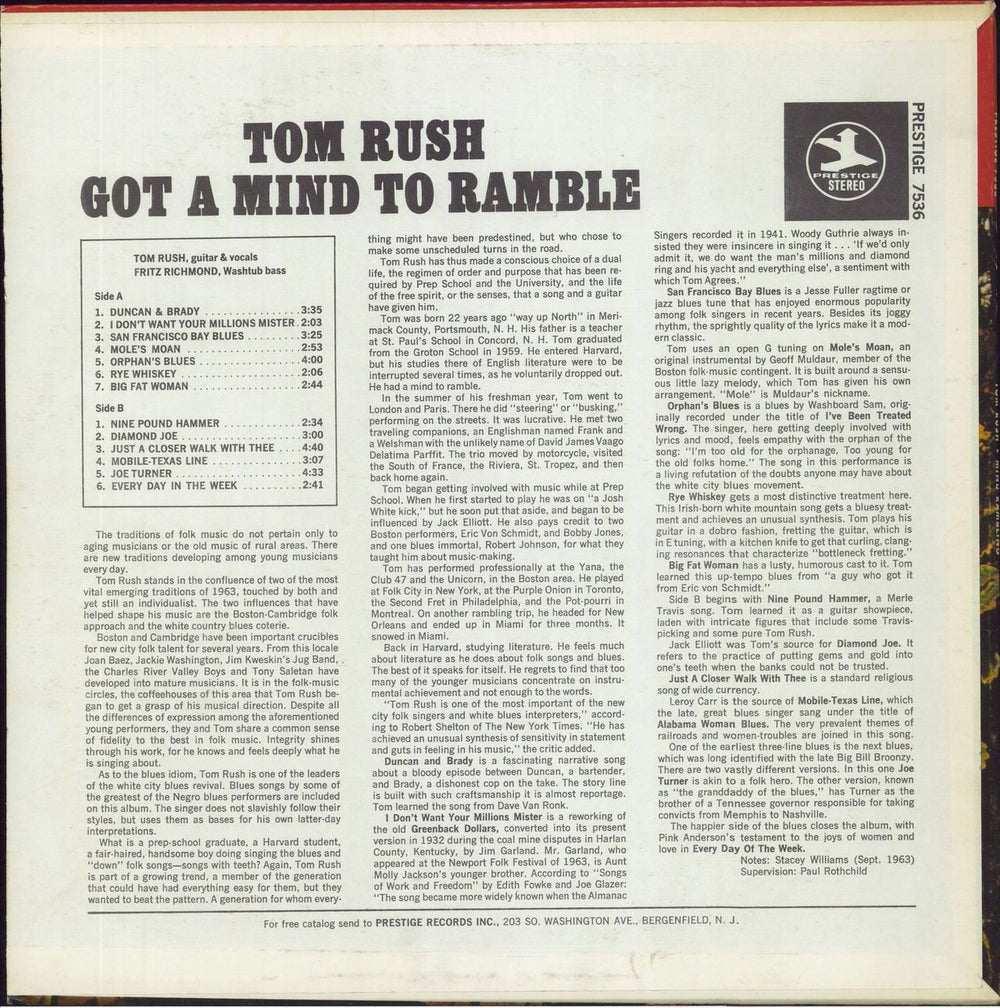 Tom Rush Mind Rambling US vinyl LP album (LP record)