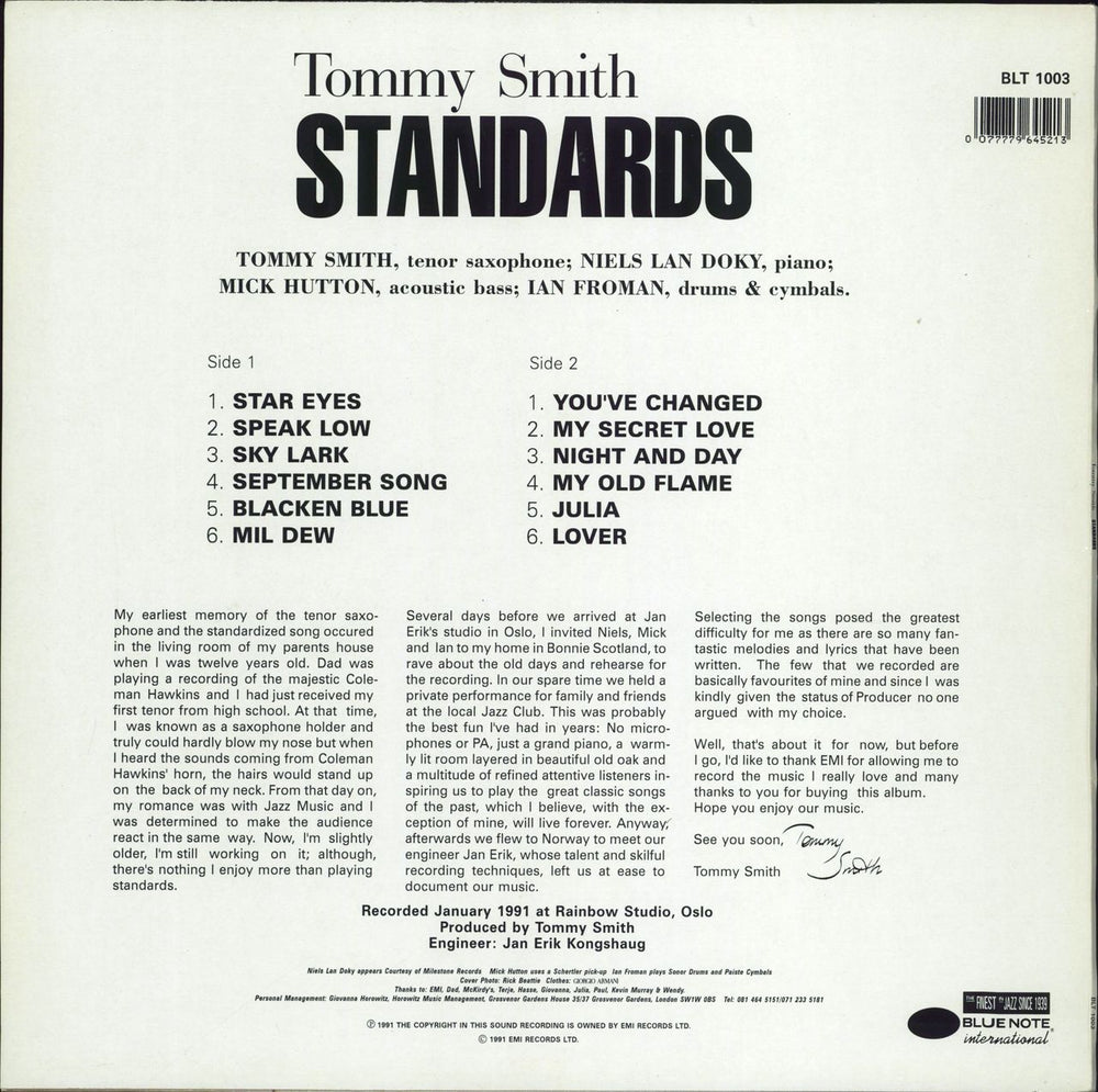 Tommy Smith Standards UK vinyl LP album (LP record) 077779645213