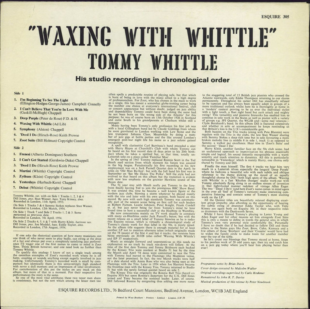 Tommy Whittle Waxing With Whittle UK vinyl LP album (LP record)
